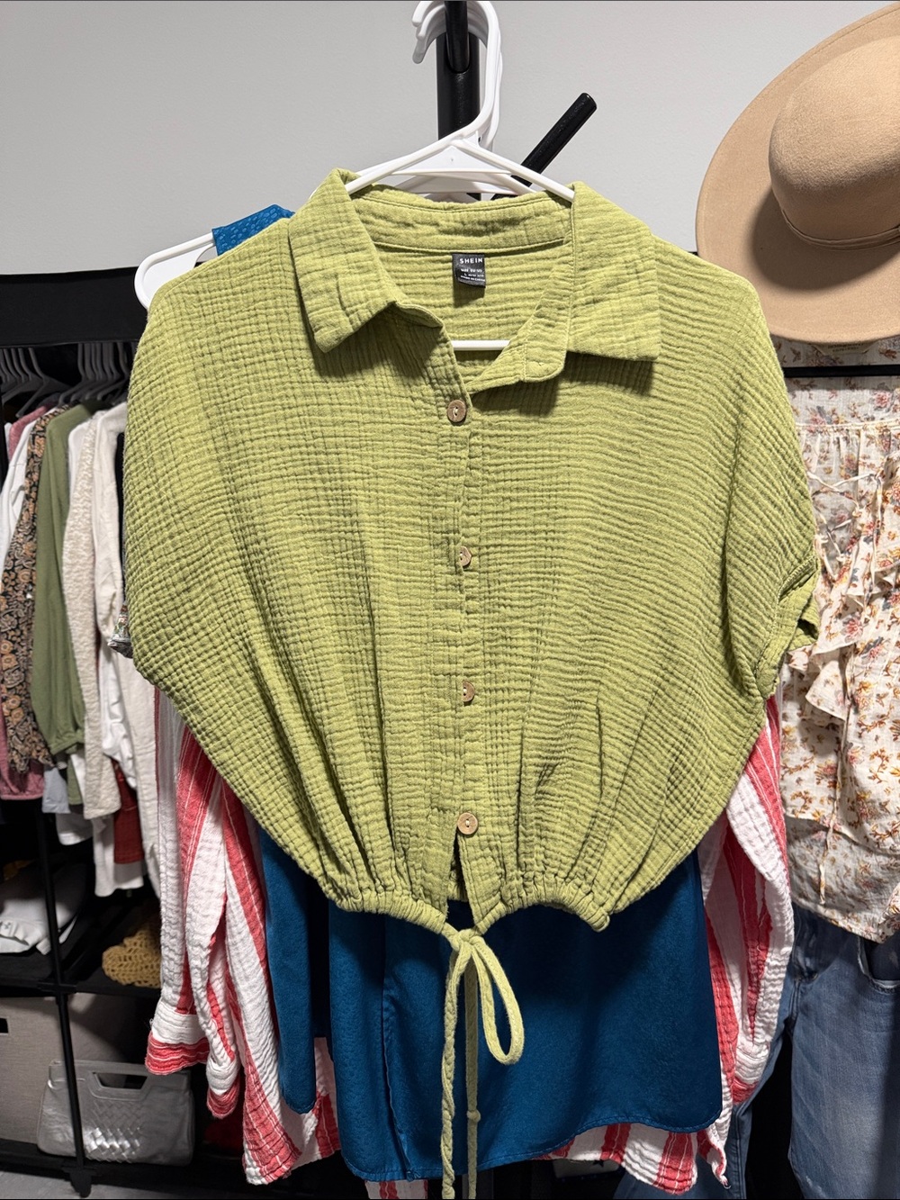 SHEIN Light Green Button-Up Drawstring Gauze Blouse - Picture 2 of 4